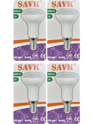 (4 adet) Şavk 6W (37W) Sarı Işık (3000K) E14 DUYLU (Ince Duy) LED R50 AMPUL