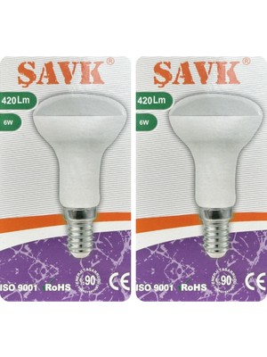 (2 adet) Şavk 6W (37W) Sarı Işık (3000K) E14 DUYLU (Ince Duy) LED R50 AMPUL