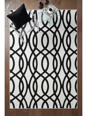 Artdeco Siyah Beyaz Şık Geometrik Desenli Yıkanabilir Ince Dijital Baskı Şönil Salon Koridor Halısı