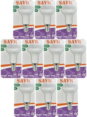 (10 adet) Şavk 6W (37W) Sarı Işık (3000K) E14 DUYLU (Ince Duy) LED R50 AMPUL