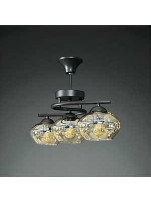 UltraMint Modern 3’lü Siyah Gövde Oval Bal Cam Avize, Şık ve Dekoratif Tasarım