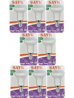 (8 adet) Şavk 6W (37W) Sarı Işık (3000K) E14 DUYLU (Ince Duy) LED R50 AMPUL