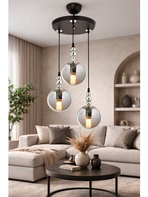 UltraMint Modern 3’lü Füme Camlı Avize, Salon, Mutfak ve Yatak Odası Için Şık Tasarım