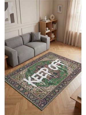 Deira 01 Yeşil Vintage Eskitme Keep Off Yazılı Etnik Motifli Renkli Antre Ofis Ev Oda Salon Halısı