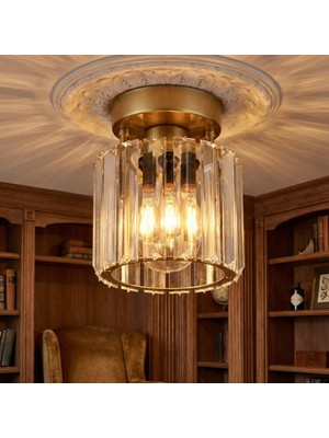 UltraMint Şık Kristal Plafonyer Gold Tavan Avizesi E27 Duy, Salon, Mutfak, Banyo, Antre