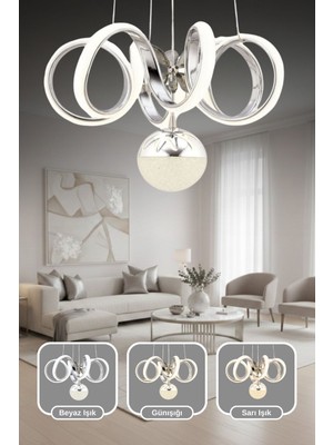 UltraMint Kumandalı Krom Kaplama Modern Sarkıt LED Avize, 3 Renk Işık, Dimmerli