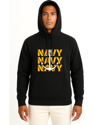Bahriyeli Collection Kapüşonlu Trio Navy Anchor Göğüs ve Sırt Baskılı Unisex Sweatshirt