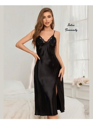 Intive Lingerie Intive Sugar Saten Midi Boy Saten Yan Yırtmaçlı Göğsü Dantel Detaylı Feminen Gecelik