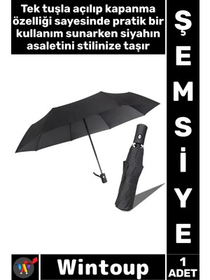 Wintoup #şemsiye Premium Rüzgara Dayanıklı Su Geçirmez Katlanabilir Konforlu Lüks Tam Otomatik Şemsiye Siyah