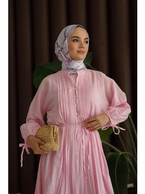 Moonsc Kadın Regular Fit Nervürlü Pamuklu Astarlı Keten Pembe Tesettür Elbise