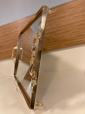 Plus Home Tepsi Pirinç ve Aynalı Ayaklı Kulplu Model Renk Altın Büyük Boy Çapı 40X27 cm