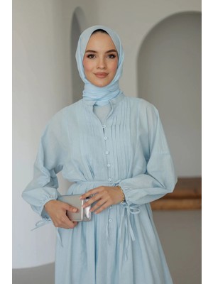 Moonsc Kadın Regular Fit Nervürlü Pamuklu Astarlı Keten Mavi Tesettür Elbise
