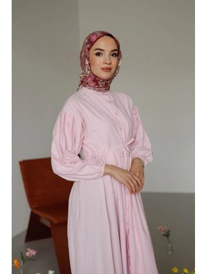 Moonsc Kadın Tesettür Elbise - Regular Fit Belden Bağlamalı Pile Detaylı Pembe