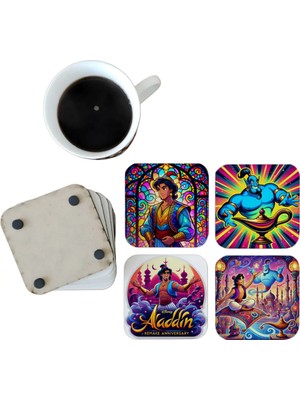 Ghostbastır Design Alaaddinin Sihirli Lambası Dekoratif Ahşap Bardak Altlığı Seti 081