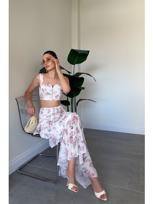 Magarde Pembe Çiçek Desenli Crop Bluz Ikili Takım- Ekru