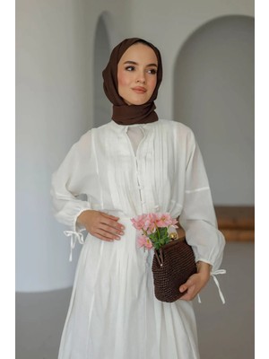 Moonsc Kadın Regular Fit Nervürlü Pamuklu Astarlı Keten Beyaz Tesettür Elbise