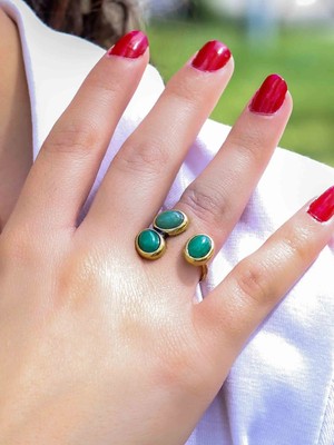 Esha Store Doğal Taş Yeşil Akik Üçlü Doğal Taşlı Antik Model Kadın Ayarlanabillir Yüzük EUY76YA