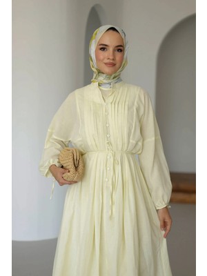 Moonsc Kadın Regular Fit Nervürlü Pamuklu Astarlı Keten Sarı Tesettür Elbise