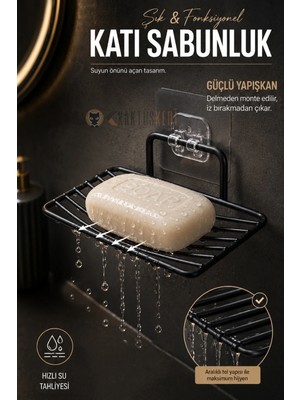 KaktüsKedi Yapışkanlı Siyah Metal Katı Sabunluk Su Tahliyeli Delmesiz Banyo Sabun Askısı