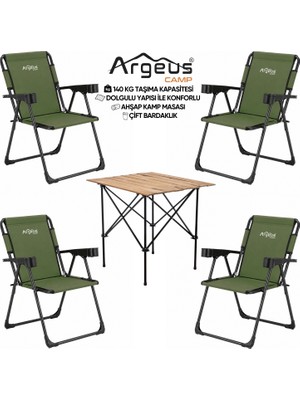 Argeus 4 Adet Katlanır Kamp Sandalyesi ve Ahşap Masa Seti - Rock Plus - Haki
