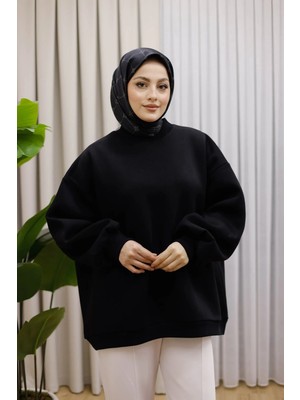 Moonsc Kadın Oversize Pamuklu Bisiklet Yaka 3 Iplik Şardonlu Siyah Sweatshirt
