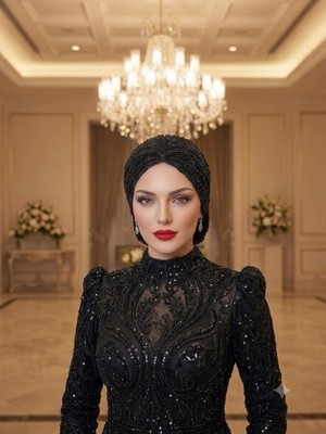 Rs Siyah  Boncuk Detaylı Abiye Hazır Türban