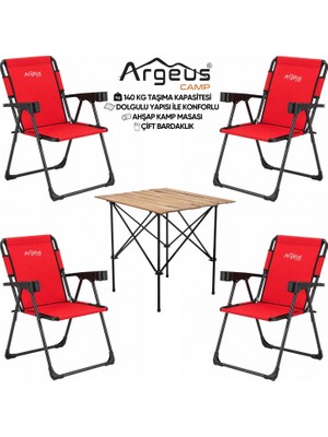 Argeus 4 Adet Katlanır Kamp Sandalyesi ve Ahşap Masa Seti - Rock Plus - Kırmızı