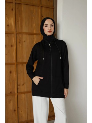 Moonsc Kadın Kapüşonlu Cepli Fermuarlı Bisiklet Yaka Siyah Sweatshirt Hırka
