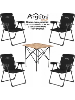 Argeus 4 Adet Katlanır Kamp Sandalyesi ve Ahşap Masa Seti - Rock Plus - Siyah