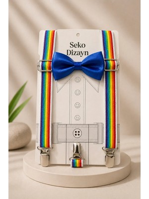 Seko Dizayn 1-14 Yaş Gökkuşağı Erkek Çocuk Ayarlanabilir Askı Papyon Seti