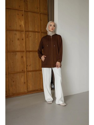 Moonsc Kadın Kapüşonlu Cepli Fermuarlı Bisiklet Yaka Kahverengi Sweatshirt Hırka