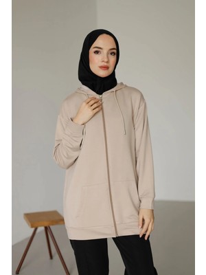 Moonsc Kadın Kapüşonlu Cepli Fermuarlı Bisiklet Yaka Krem Sweatshirt Hırka
