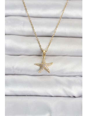 Pileli Store 316L Çelik Zincir Gold Renk Deniz Yıldızı Model Zirkon Taşlı Kadın Kolye TJ-BKO11098