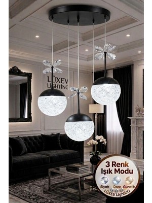 UltraMint Modern Siyah 3'lü LED Avize, Kristal Taşlı, Salon ve Mutfak Dekoru