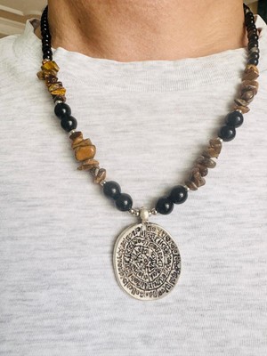 Devi Fashion Kaplan Gözü ve Akik Doğal Taş Disk Kolye 55 cm