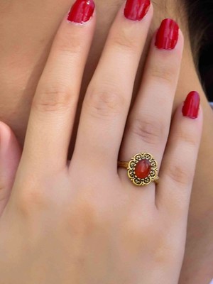Esha Store Doğal Taş Akik Oval Doğal Taşlı Antik Model Kadın Ayarlanabillir Yüzük EUY77A