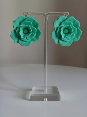 Eosanthe Büyük Aqua Yeşil Gül Çiçek Küpe - 6 cm Minimalist Halka/çivili Gül Çiçek Küpe