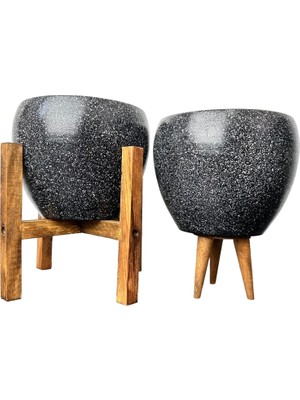 Vuralsin38 Ev Dekorasyon Siyah Granit Toprak Saksı Saksılık Salon Çiçeklik Ikili Set 3 Ayaklı- 4 Ayaklı- 15 cm