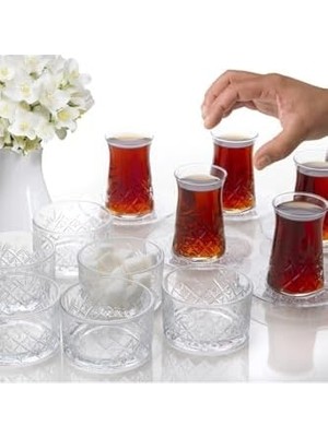Vuralsin38 Heybeli Model 18 Parça Çay Bardağı Takımı ve Çerezlik Tatlı Sunum Seti 6 Kişilik