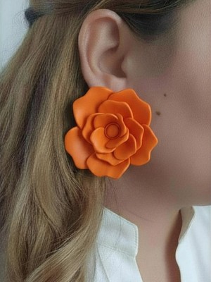 Eosanthe Büyük Turuncu Gül Çiçek Küpe - 6 cm Minimalist Halka/çivili Gül Çiçek Küpe