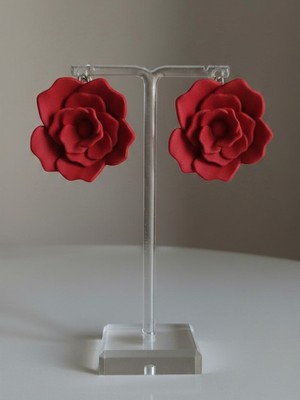 Eosanthe Büyük Kırmızı Gül Çiçek Küpe - 6 cm Minimalist Halka/çivili Gül Çiçek Küpe