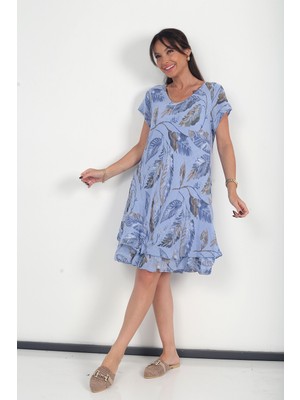 By Saygı Kadın Italyan Cotton Yaprak Desenli Astarlı Kısa Kollu Elbise