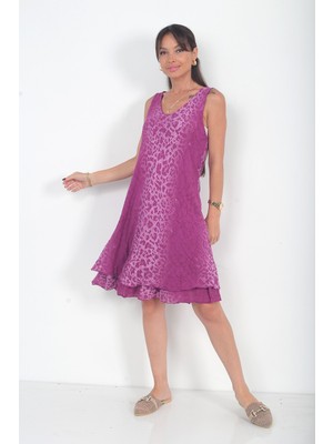By Saygı Kadın Italyan Cotton Leopar Desenli Astarlı Sıfır Kol Midi Elbise
