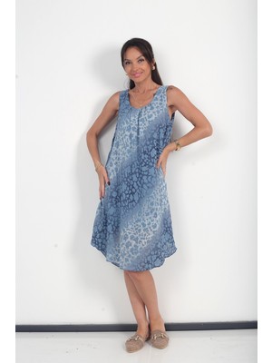 By Saygı Kadın Italyan Cotton Yaka Lastikli Astarlı Leopar Sıfır Kol Midi Elbise