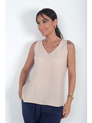 By Saygı Kadın V Yaka Pervazlı Italyan Cotton Lyocell Bluz