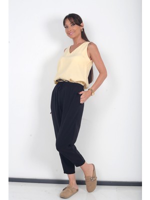By Saygı Kadın Beli Lastikli Cepli Italyan Cotton Lyocell Şalvar Pantolon