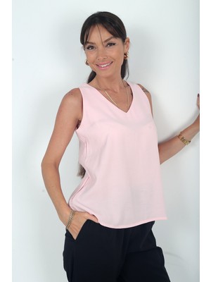 By Saygı Kadın V Yaka Pervazlı Italyan Cotton Lyocell Bluz