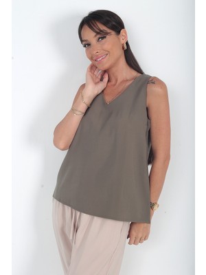 By Saygı Kadın V Yaka Pervazlı Italyan Cotton Lyocell Bluz