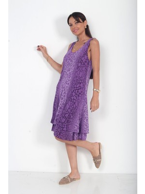 By Saygı Kadın Italyan Cotton Leopar Desenli Astarlı Sıfır Kol Midi Elbise