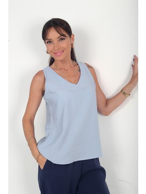 By Saygı Kadın V Yaka Pervazlı Italyan Cotton Lyocell Bluz